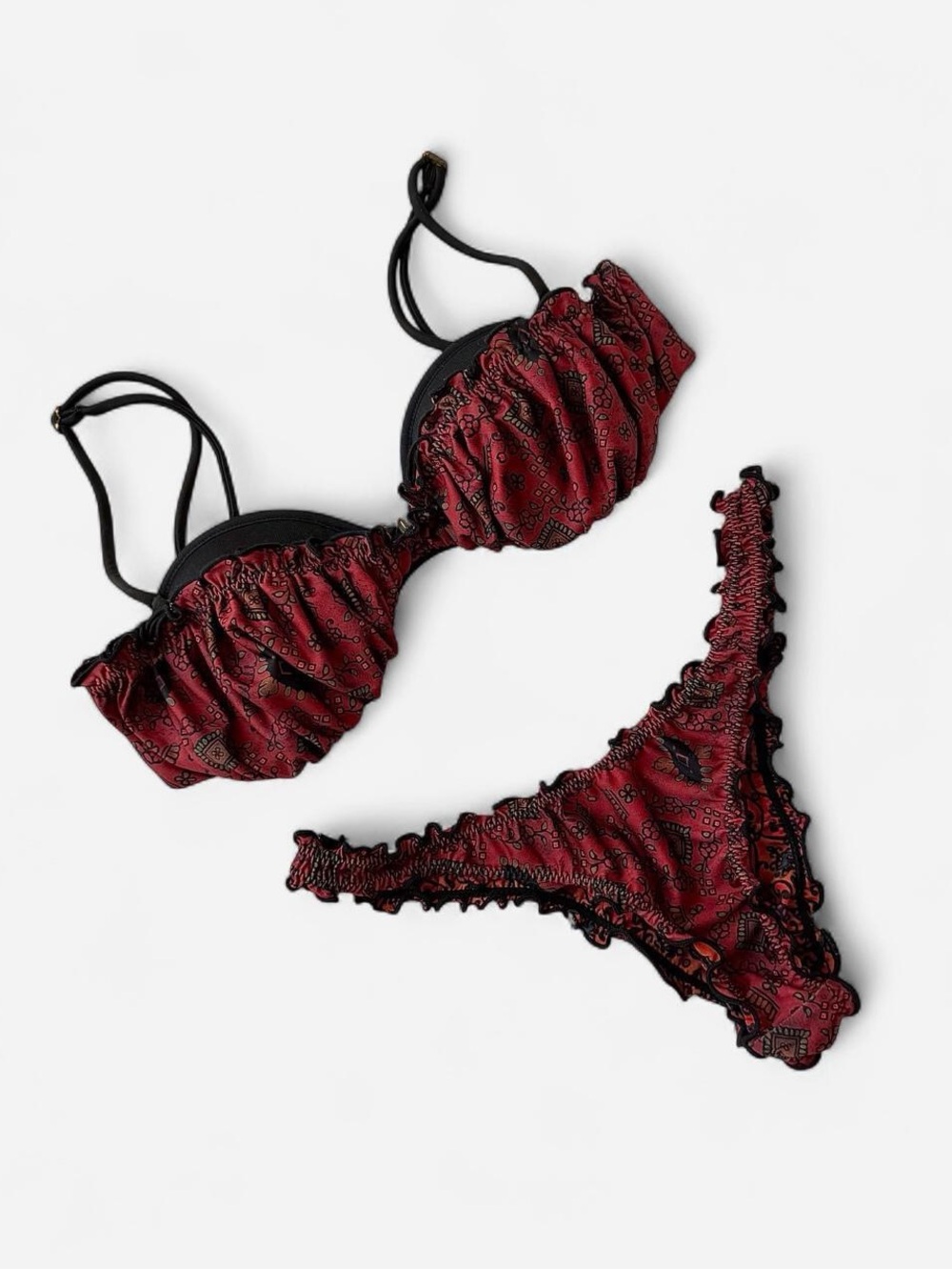 Thaikila Rust Red & Black Ruffle Bikini Set